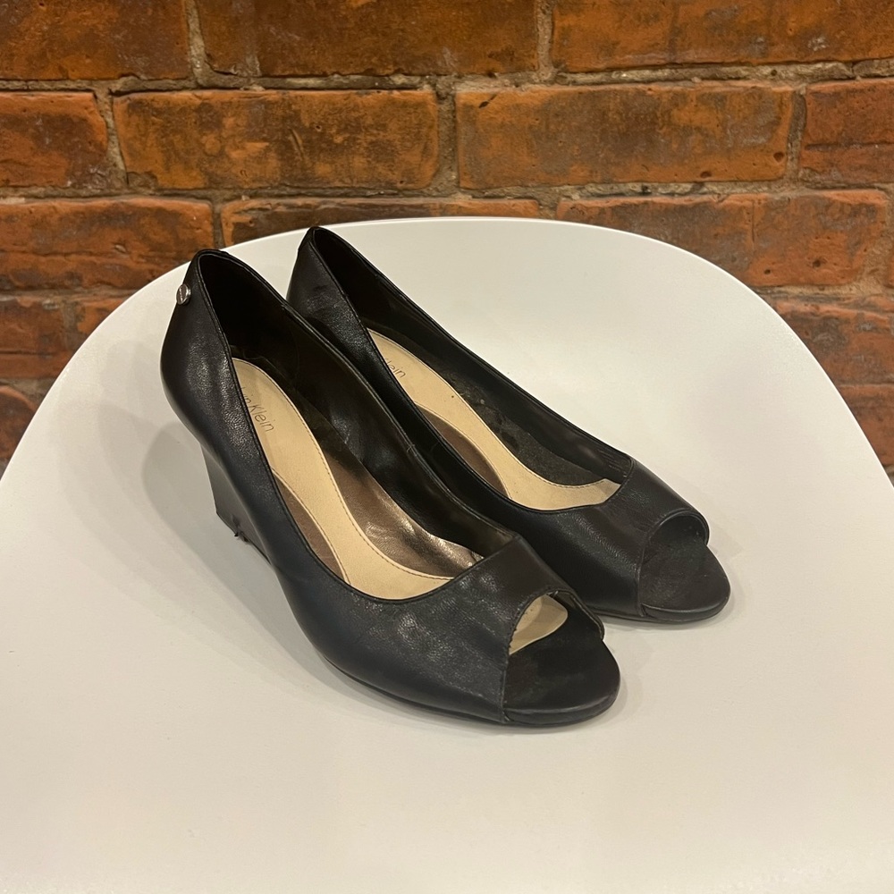 90s Vintage Calvin Klein Wedge Peep Toe Black Heel